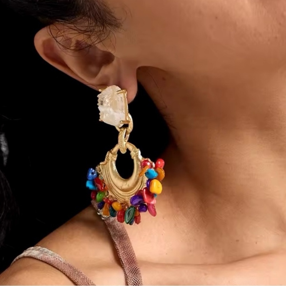 Zara Colorful Stones Beaded Druzy Hoop Earrings